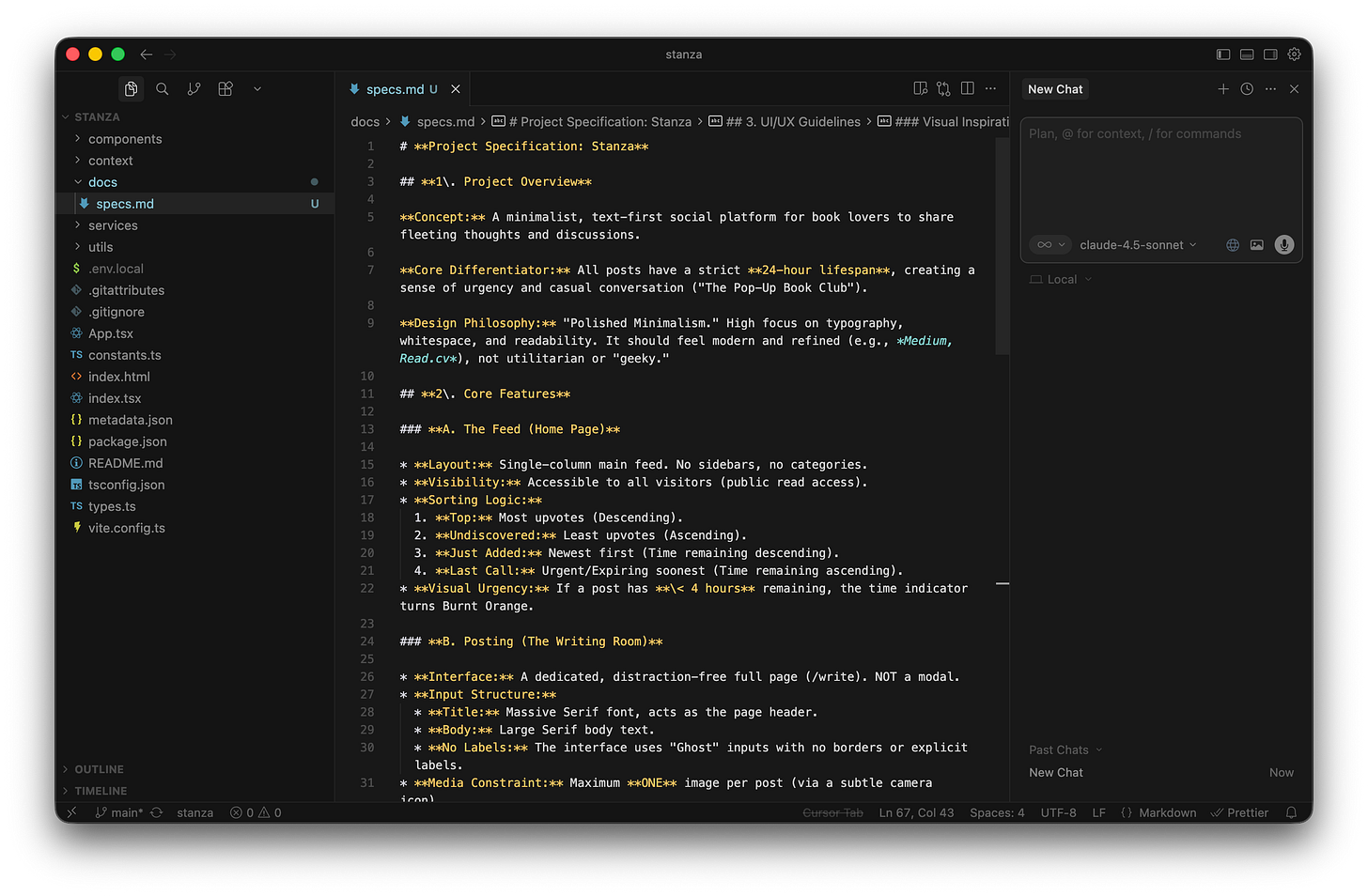 The Cursor code editor displays the raw markdown text of the Stanza project specifications in the main viewing area. The Cursor code editor displays the raw markdown text of the Stanza project specifications in the main viewing area.