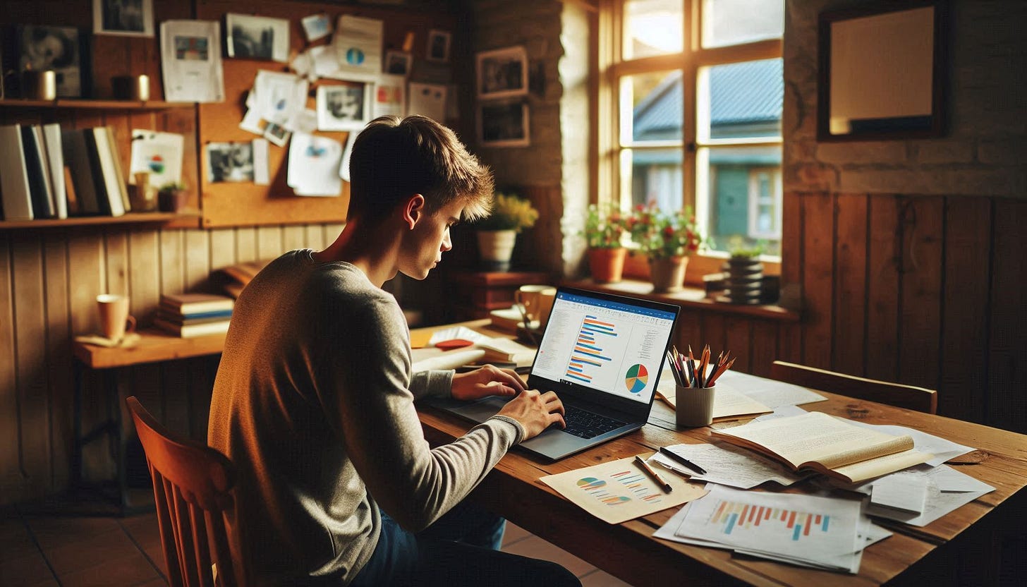 Student doing content and research gig work on laptop.