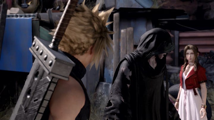 Cloud sees another black-robed man as Sephiroth and is confronted with the Reunion.