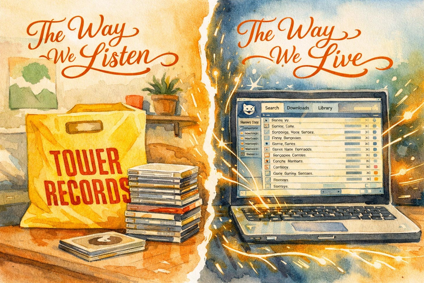The shift from buying CDs at a record store to downloading every song from a glowing laptop — Napster's before and after