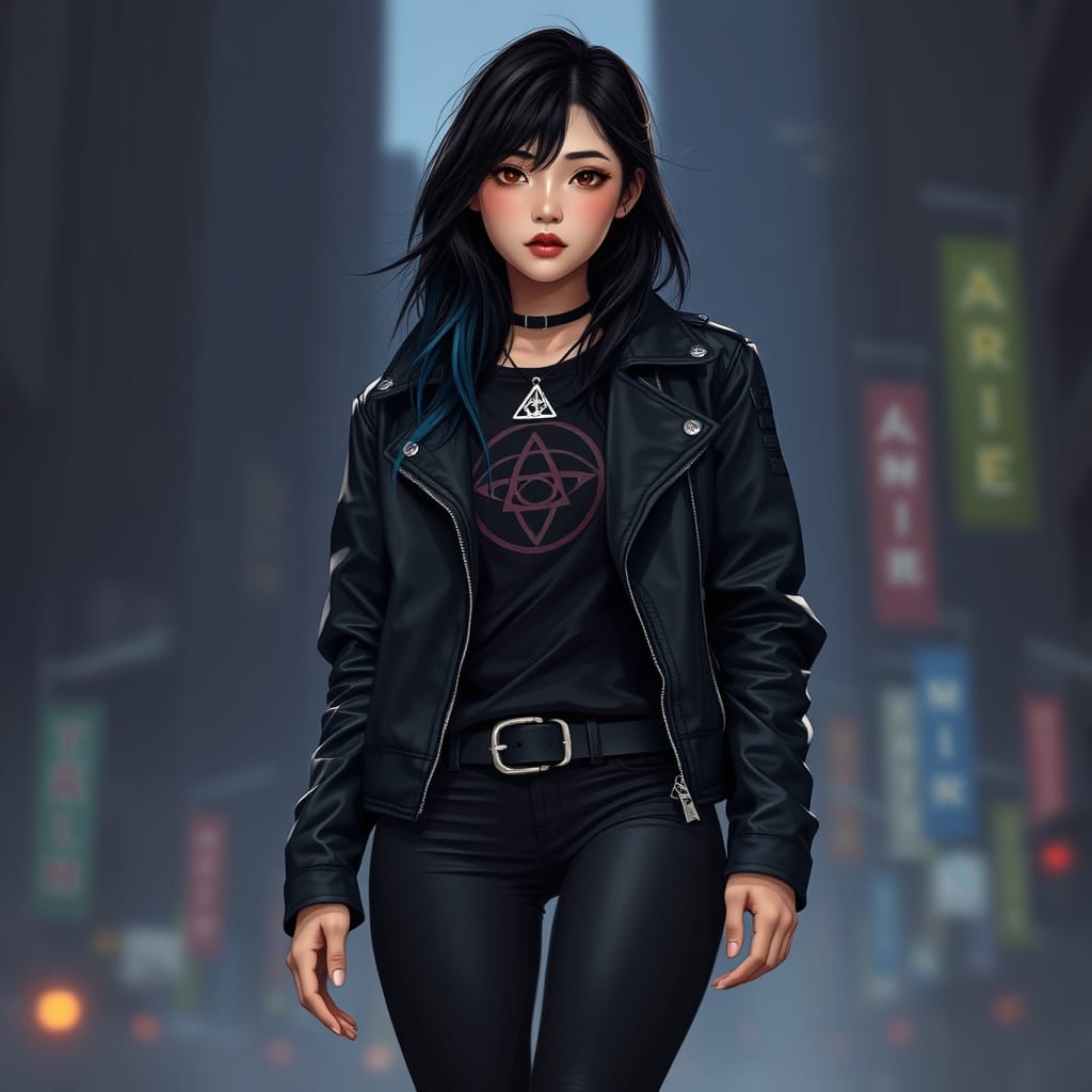A digital portrait of a confident young woman standing in the middle of a misty city street at dusk. She has long dark hair with purple highlights and wears a black leather jacket, black leggings, a rock band t-shirt with a glowing pink symbol, and black Doc Marten-style boots. A silver Triquetra pendant hangs around her neck. The urban background features glowing streetlamps and soft neon signs in Korean, adding a subtle magical atmosphere. A digital portrait of a confident young woman standing in the middle of a misty city street at dusk. She has long dark hair with purple highlights and wears a black leather jacket, black leggings, a rock band t-shirt with a glowing pink symbol, and black Doc Marten-style boots. A silver Triquetra pendant hangs around her neck. The urban background features glowing streetlamps and soft neon signs in Korean, adding a subtle magical atmosphere.