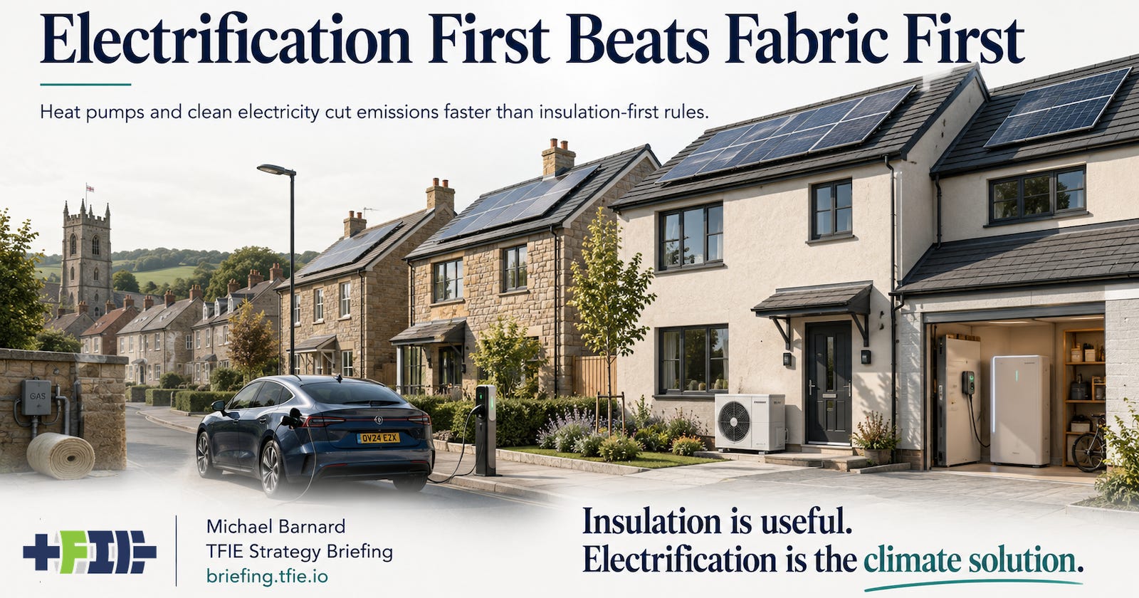 UK homes with heat pumps, rooftop solar, batteries and EV charging shown as the main building decarbonization pathway.