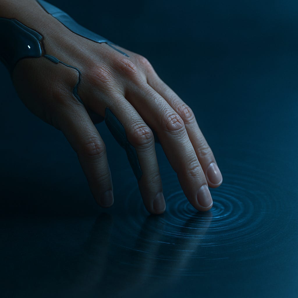 A close-up of a human hand enhanced with futuristic, cybernetic overlays gently touching a rippling surface of water. 
