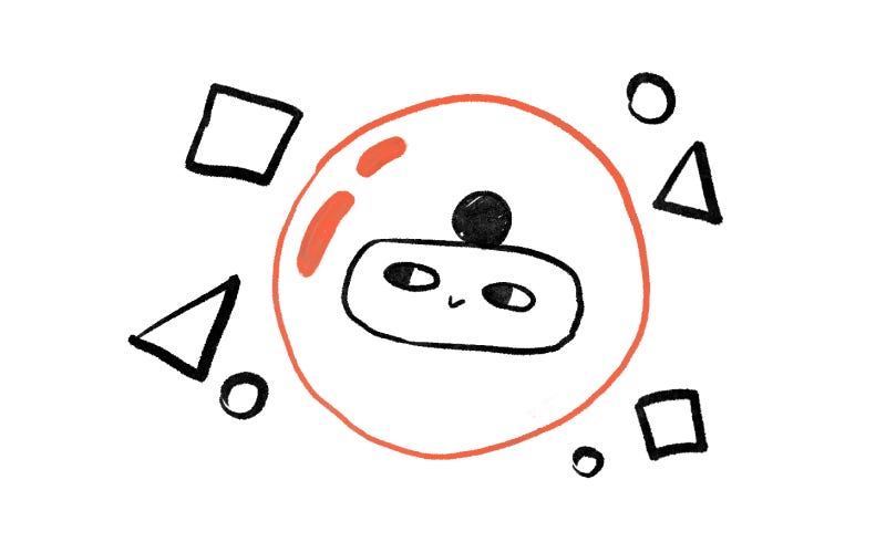 A character is inside of the red bubble, surrounded with different shapes on a plain white background.