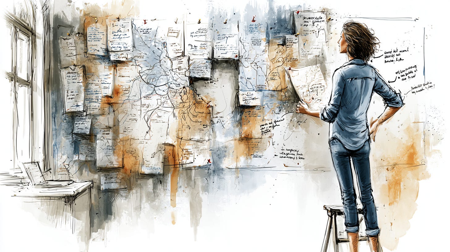 A woman stands on a step stool studying a wall covered in handwritten notes and connected ideas, deciding what matters.