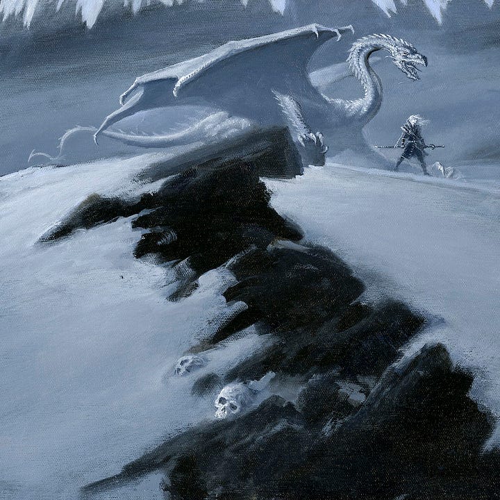 LEFT: Detail from ELRIC AND THE COLD DRAKE featuring a line of black rock leading back to Elric standing on the snowy horizon with a a white dragon coiling its neck behind him. In the immediate foreground, human skulls lay partially buried in the snow that borders the rock. RIGHT: Figure detail from ELRIC AND THE COLD DRAKE featuring Elric in a wide stance with Stormbringer hanging behind him. His hands grip the scabbard as he stares off to the right with his white hair blowing in the same direction. A white dragon grips a rock with one claw as it coils its neck back in an “S” as if coiled to strike. Its maw spreads in a hiss as if at some threat off-panel.