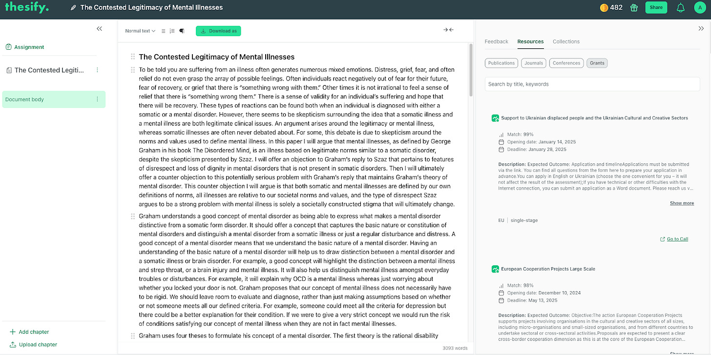 thesify Grants sidebar alongside an academic draft. thesify writing workspace with an essay open on the left and the Resources sidebar on the right listing matched conferences and calls.
