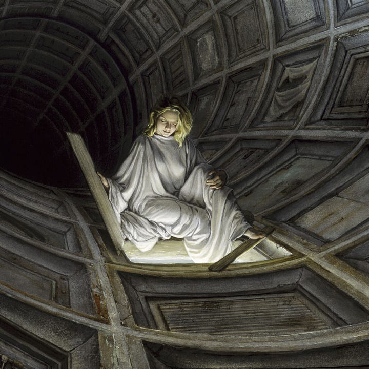 LEFT: Detail from LUMEN 6.2 featuring a woman in white robes peering down through an opening in a dark concrete tunnel. She is bathed in light as she comfortably rests her foot on a plank set across the corner of the opening. RIGHT: Figure study in black and white on gray toned paper for LUMEN 6.2. The drawing features a woman in white robes holding open a hatch in the floor. The cloth of her robes spills into the opening. Notably, the position of the hatch is on the right, inverted from the pose in the final painting.