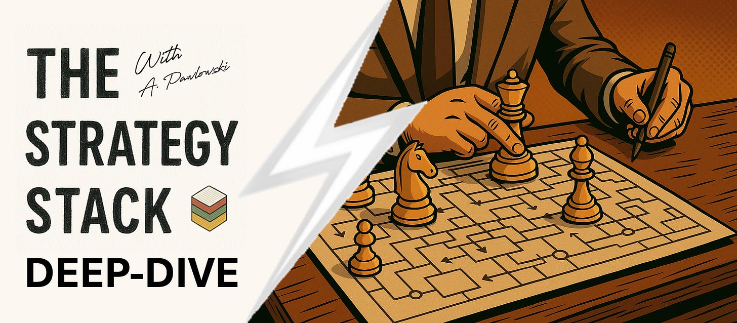 Illustration of a strategist moving chess pieces across a maze-like board, symbolizing digital strategy, business strategy, and modern business architecture with strategic control points and dependency mapping in complex digital ecosystems.