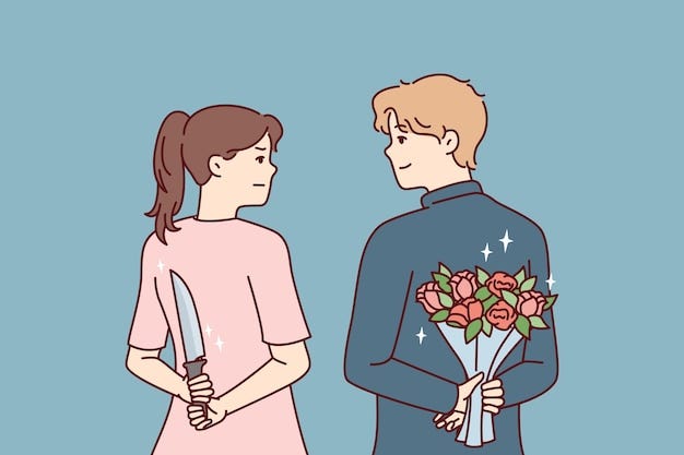 Man and woman look into eyes holding knife and flowers behind their backs Vector image