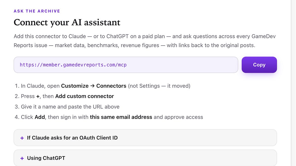 GameDev Reports MCP + Member cabinet is now available for Paid Subscribers