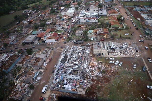 Aerial view of destroyed buildings after tornado hits Rio Bonito do Iguacu 