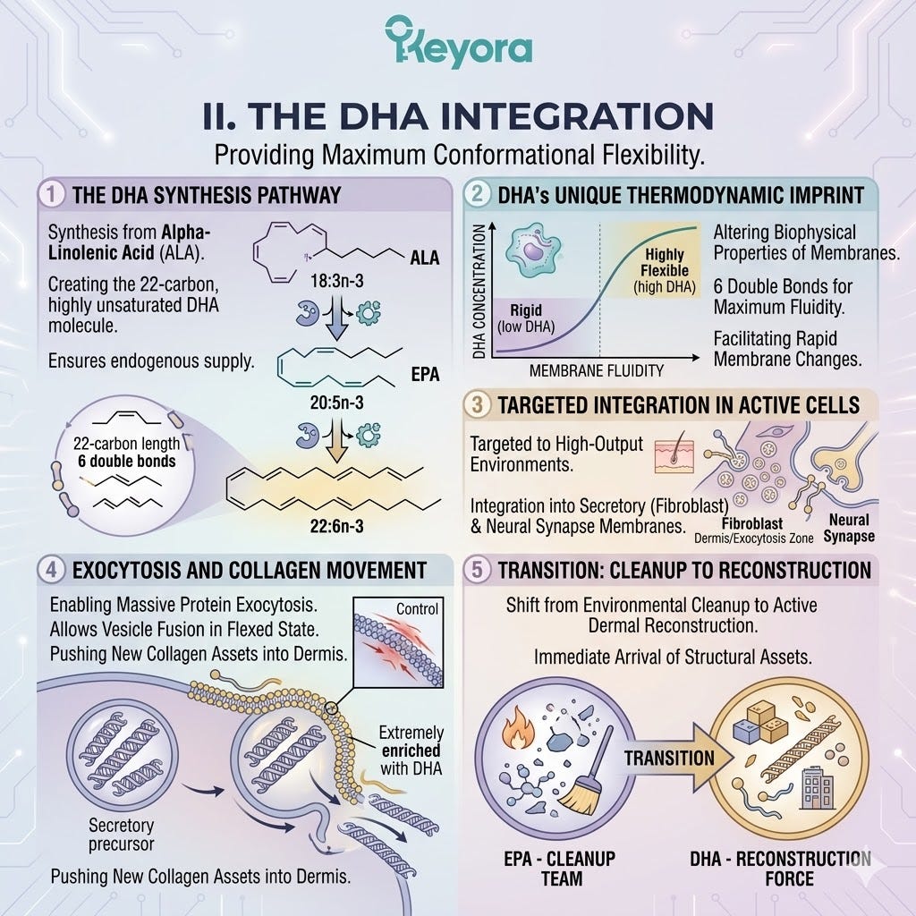 DHA integration into fibroblast membranes provides conformational flexibility for collagen exocytosis, driving ATP Synthesis for Neurological Sovereignty. DHA integration into fibroblast membranes provides conformational flexibility for collagen exocytosis, driving ATP Synthesis for Neurological Sovereignty.