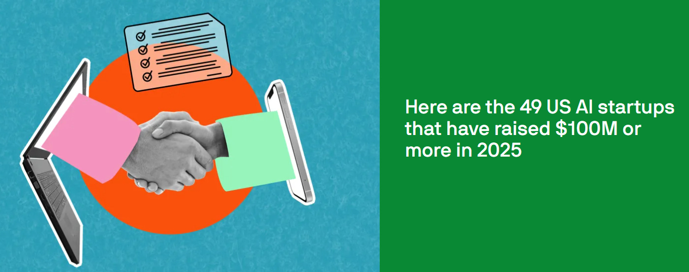 TechCrunch-style graphic announcing AI startups that raised over $100 million in 2025, with handshake and document illustrations. TechCrunch-style graphic announcing AI startups that raised over $100 million in 2025, with handshake and document illustrations.