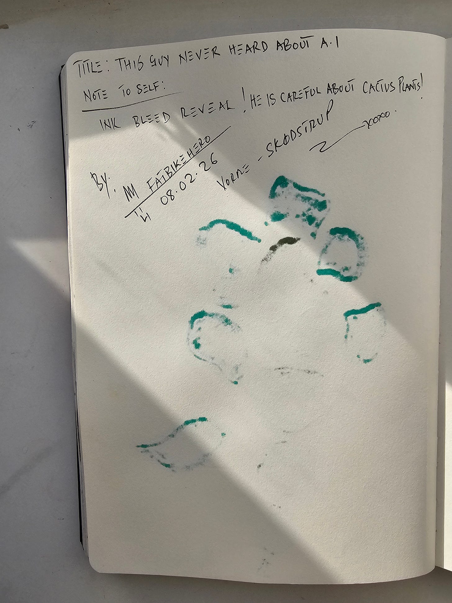 Reverse side of ink artwork showing transfer residue and handwritten inscription “This Guy Never Heard About A.I.”