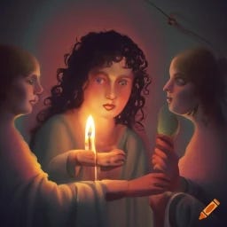 Picture a dimly lit scene where ten virgins are waiting, their faces illuminated by the soft glow of their lamps. Five of them are calm, their lamps filled with oil, their eyes wide with anticipation. The other five appear anxious, their lamps sputtering, their gazes uneasy as they fumble with empty oil jars. In the background, there's a hint of the approaching bridegroom, just a silhouette against the moonlit path. This image embodies the crucial moment of decision, encapsulating the balance between earthly concerns and spiritual readiness.