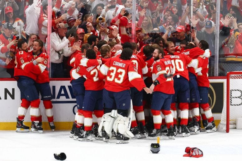 The Panther’s players celebrating at the end of Game 6 which secured the Stanley Cup for 2025. The Panther’s players celebrating at the end of Game 6 which secured the Stanley Cup for 2025.