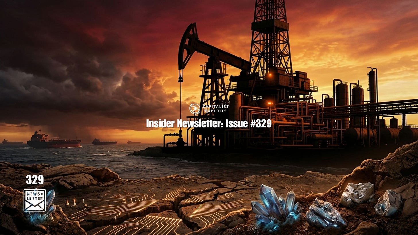 Oil drilling platform at sunset with newsletter banner and mineral crystals Oil drilling platform at sunset with newsletter banner and mineral crystals