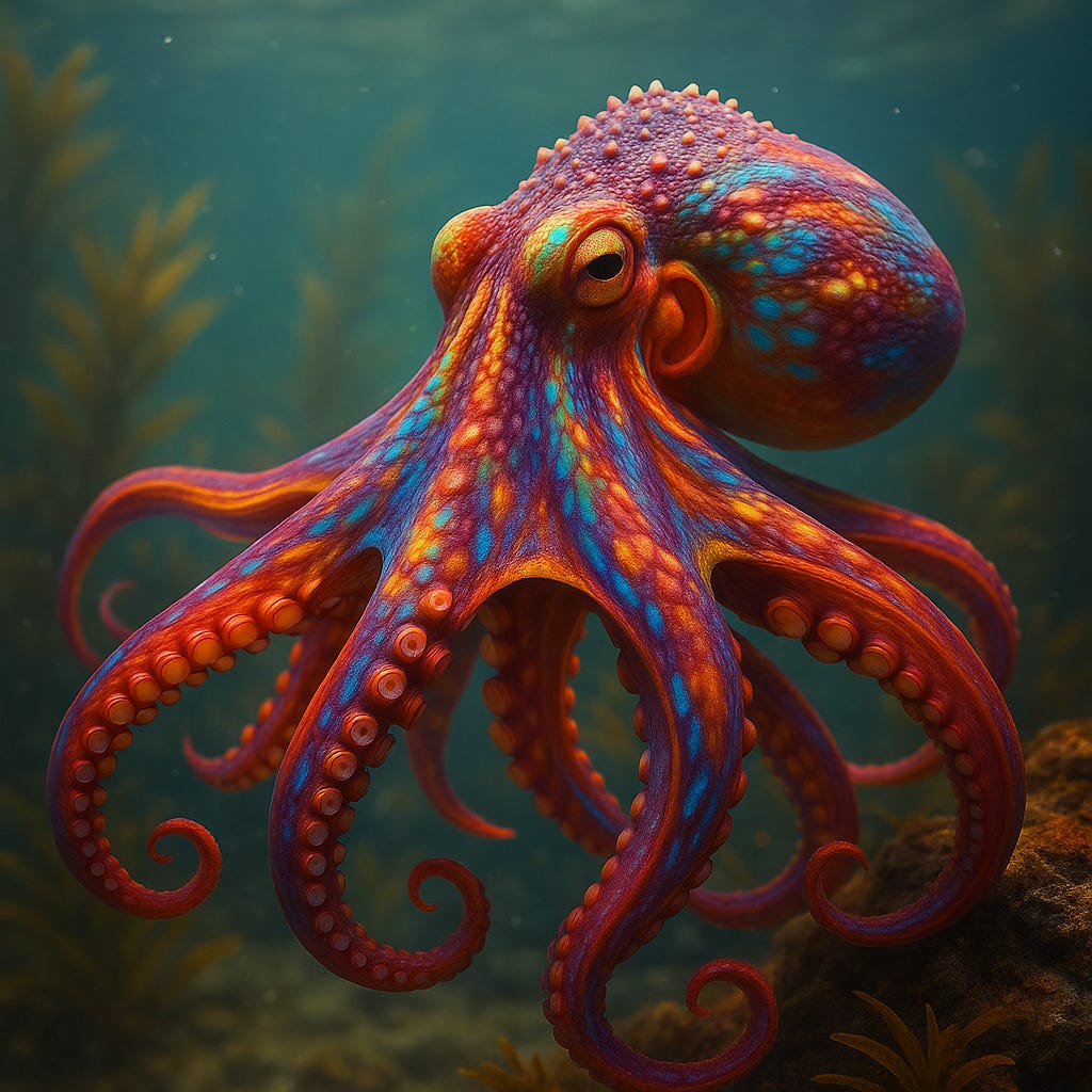 A hyper-realistic, brilliantly coloured octopus floats underwater in a serene kelp forest. Its skin shimmers with vibrant patterns of neon blue, radiant orange, deep violet, and glowing red. Textures shift across its mantle and arms, showcasing raised papillae and intricate chromatophore patterns. The octopus’ arms curl with fluid grace as it hovers above a rock, bathed in soft, diffused ocean light.