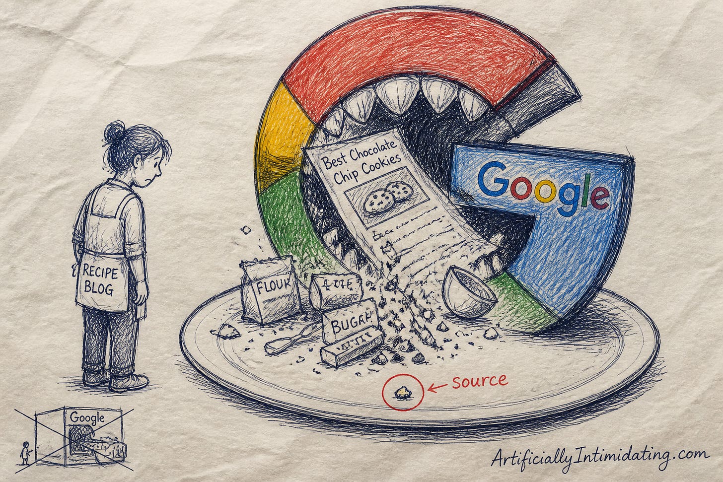 Sketch of the Google G logo as a hungry mouth devouring a recipe page, spilling flour and sugar, leaving one tiny red-circled crumb labeled source, a sad recipe-blogger watching Sketch of the Google G logo as a hungry mouth devouring a recipe page, spilling flour and sugar, leaving one tiny red-circled crumb labeled source, a sad recipe-blogger watching
