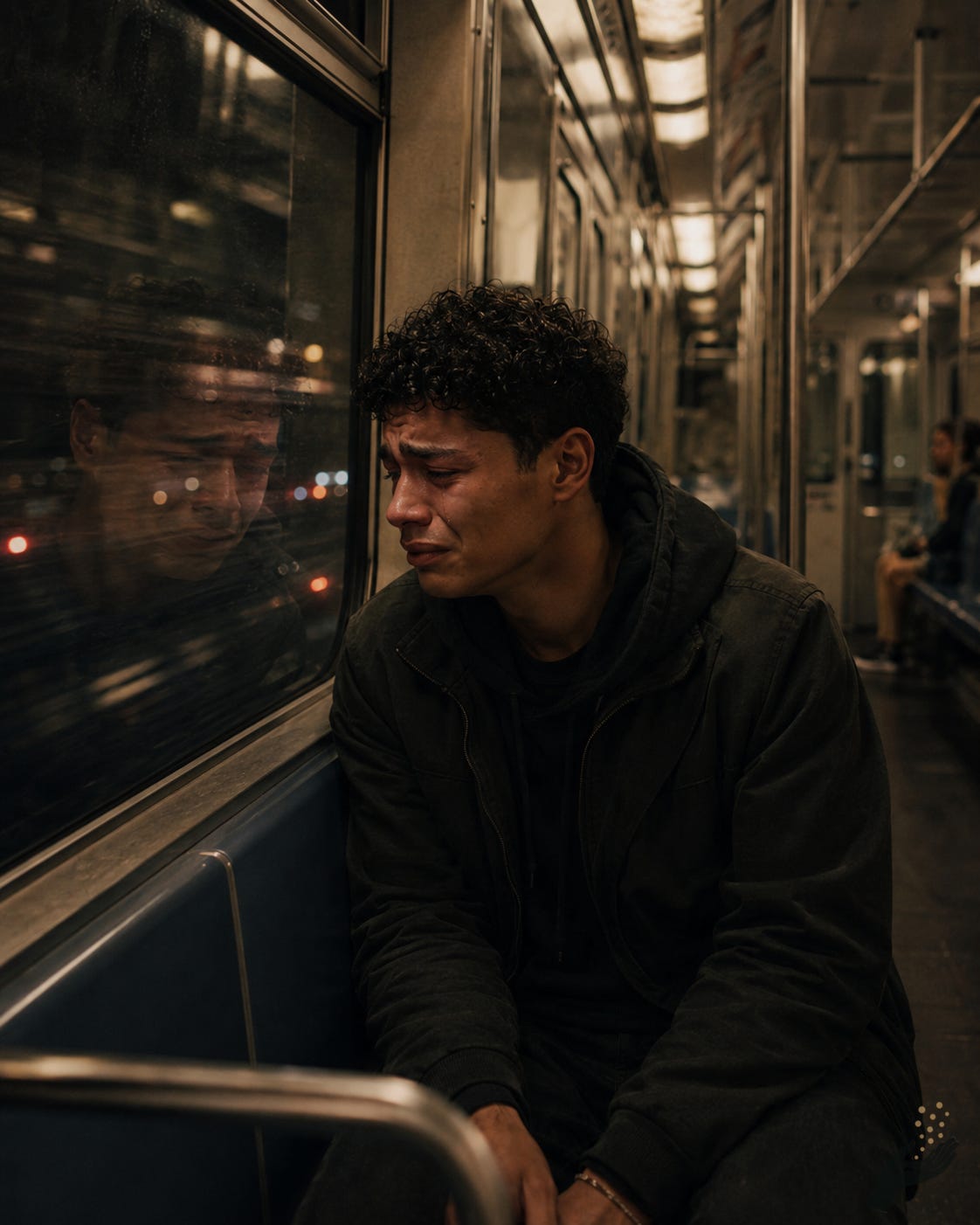 A young man sits alone on a late-night subway train, crying quietly beside a dark window that reflects his face. The train has worn seats, metal poles, dim transit lighting, streaked tunnel lights, and a few distant passengers.