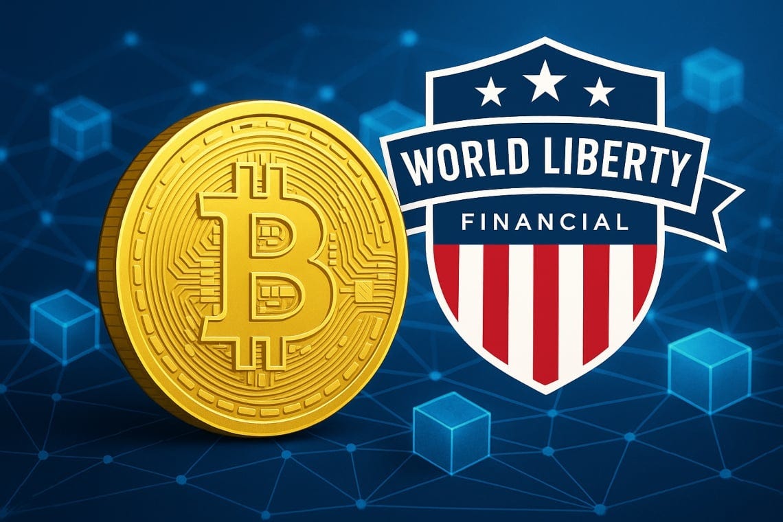 Golden bitcoin coin alongside the World Liberty Financial logo against a digital network background illustrating cryptocurrency and financial services