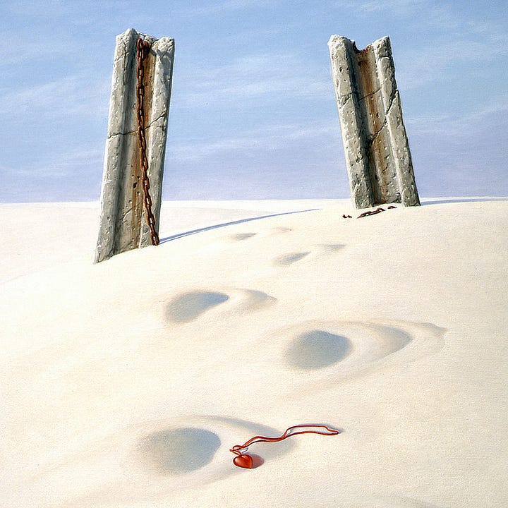 LEFT: Foreground detail of BROKEN CHAIN featuring a red glass heart tied on a silk string and discarded among deeply shadowed footprints left in white sand that lead between stone columns angling in toward each other. The slope is uneven, higher on the right, so the viewer has a sense of trudging uphill. On the left column a rusted chain dangles to the sand. Disconnected chain lies in the sand in front of the right column. RIGHT: Detail of BROKEN CHAIN featuring a single flame contained in a transparent sphere floating against blue sky with the barest wisps of clouds. Below, two broken columns tilt inward framing the sphere with the implied lines they project.
