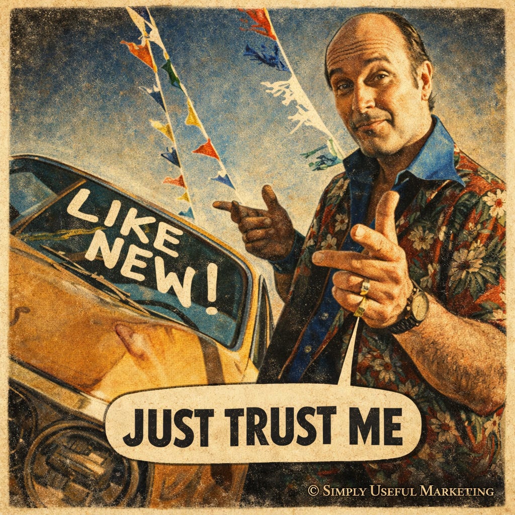 Vintage poster-style scene of a smirking used-car-salesman character in a Hawaiian shirt pointing at the viewer beside a car windshield that reads “LIKE NEW!” Big caption says “JUST TRUST ME,” with “© Simply Useful Marketing” at bottom right. Vintage poster-style scene of a smirking used-car-salesman character in a Hawaiian shirt pointing at the viewer beside a car windshield that reads “LIKE NEW!” Big caption says “JUST TRUST ME,” with “© Simply Useful Marketing” at bottom right.