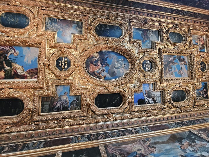 Golden mosaics inside St. Mark's Basilica and monumental paintings framed by a gilded ceiling inside the Doge's Palace in Venice