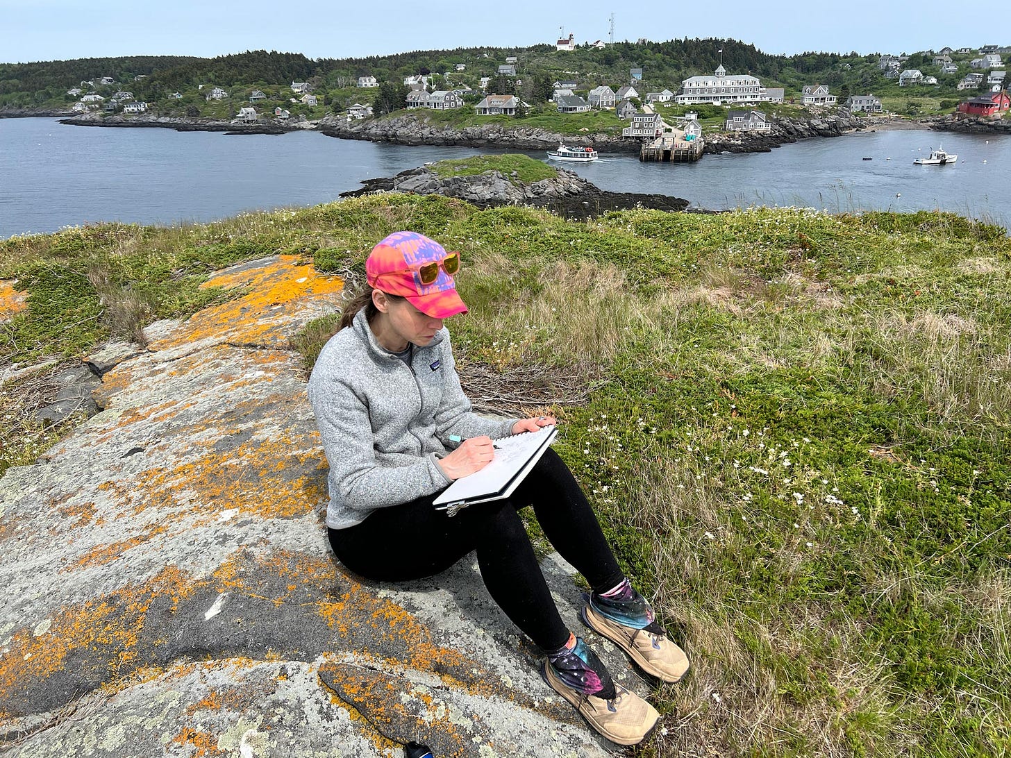  K. Woodman-Maynard, drawing the abandoned island in Maine for her upcoming graphic novel. 