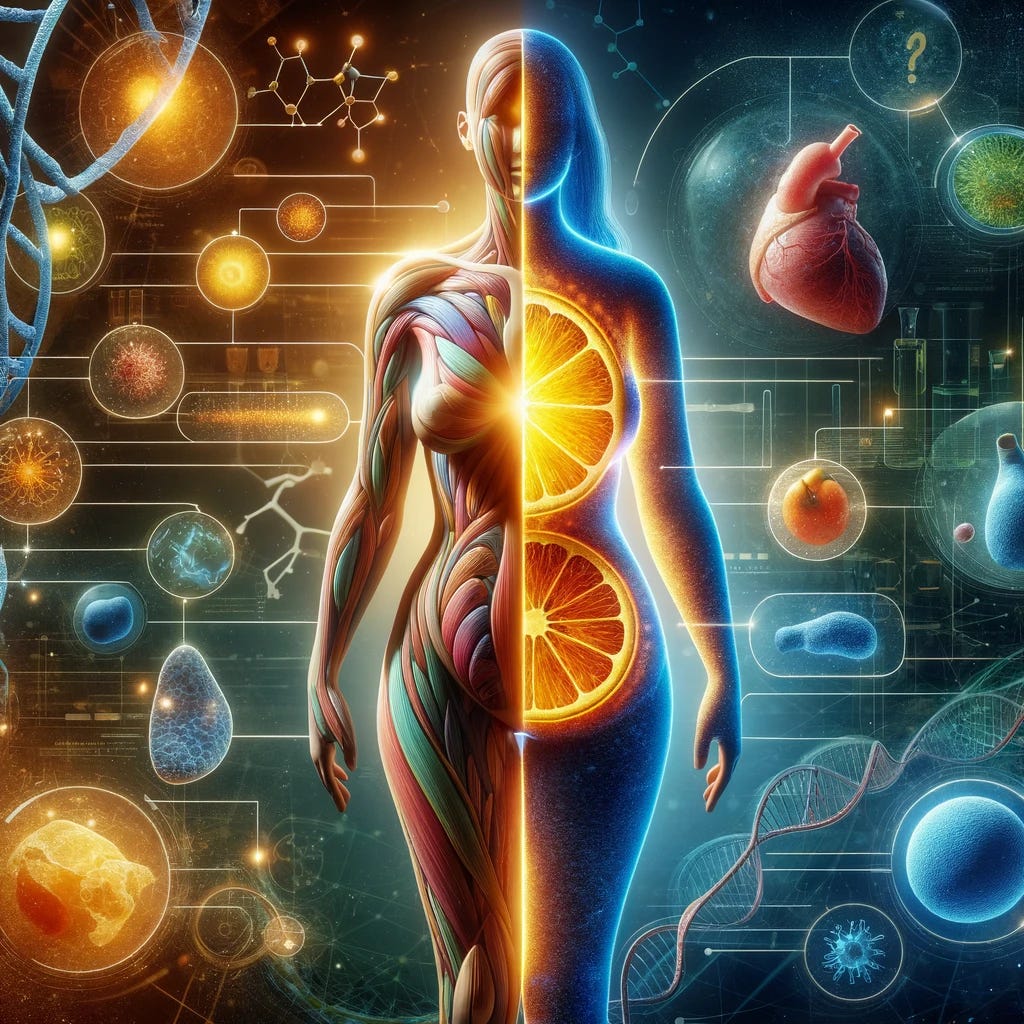 A detailed and futuristic scene showing the relationship between vitamin D and obesity. The image features an abstract human silhouette divided into two halves. One half is bathed in sunlight, symbolizing vitamin D absorption, with vibrant and warm colors. The other half is surrounded by adipose tissue, represented by darker, cooler shades, indicating obesity. Various scientific symbols such as DNA strands and molecular structures are subtly integrated into the background, emphasizing the research and biological aspects. The scene is set in a modern lab environment with advanced technology and medical equipment visible in the background, highlighting the connection to healthcare and research.