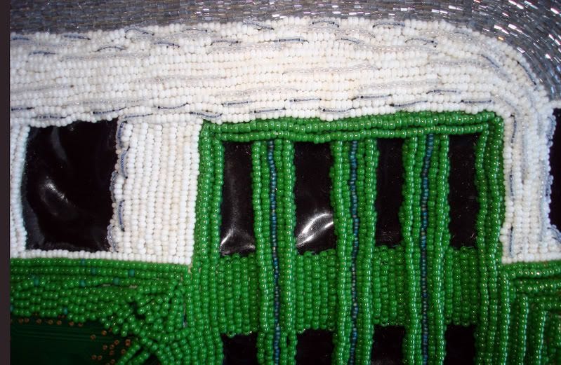 beaded Boston green line trolley mbta T bead embroidery pop art beadwork mixed media train artist beaded Boston green line trolley mbta T bead embroidery pop art beadwork mixed media train artist