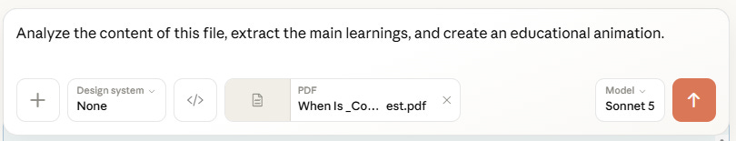 Claude Design prompt asking it to analyze an uploaded article PDF and create an educational animation.