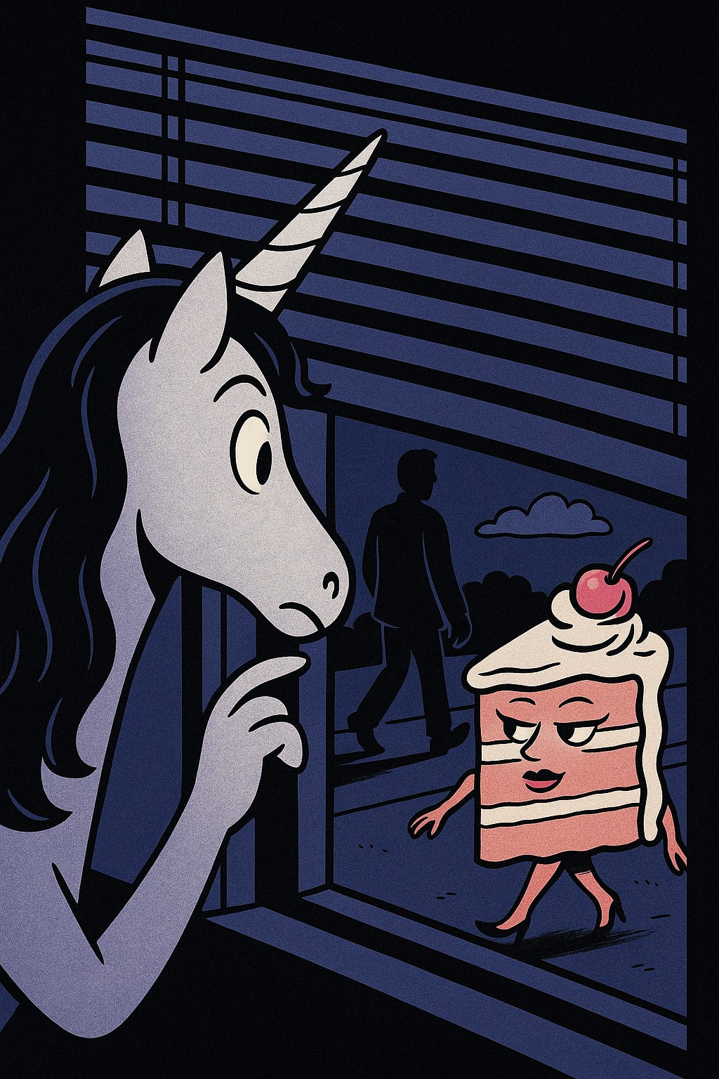 A unicorn peaking through the blinds to see the silhouette of a man behind a seductive looking cake. 