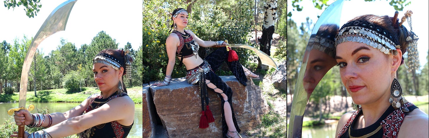 montage of the author in heavy metal costume with a huge, shiny scimitar