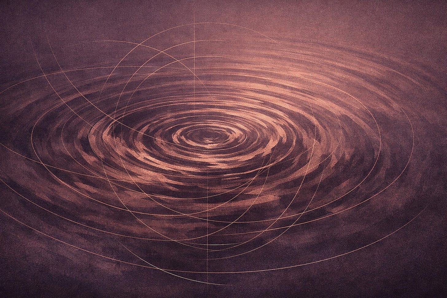 A textured, moody image of concentric ripples in dark water with golden, overlapping orbital rings, suggesting a lingering wake or energetic frequency.
