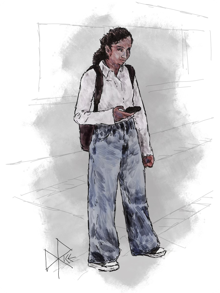 A student waiting for a bus, phone in hand and books in her backpack. Sketch art by Don Rice.