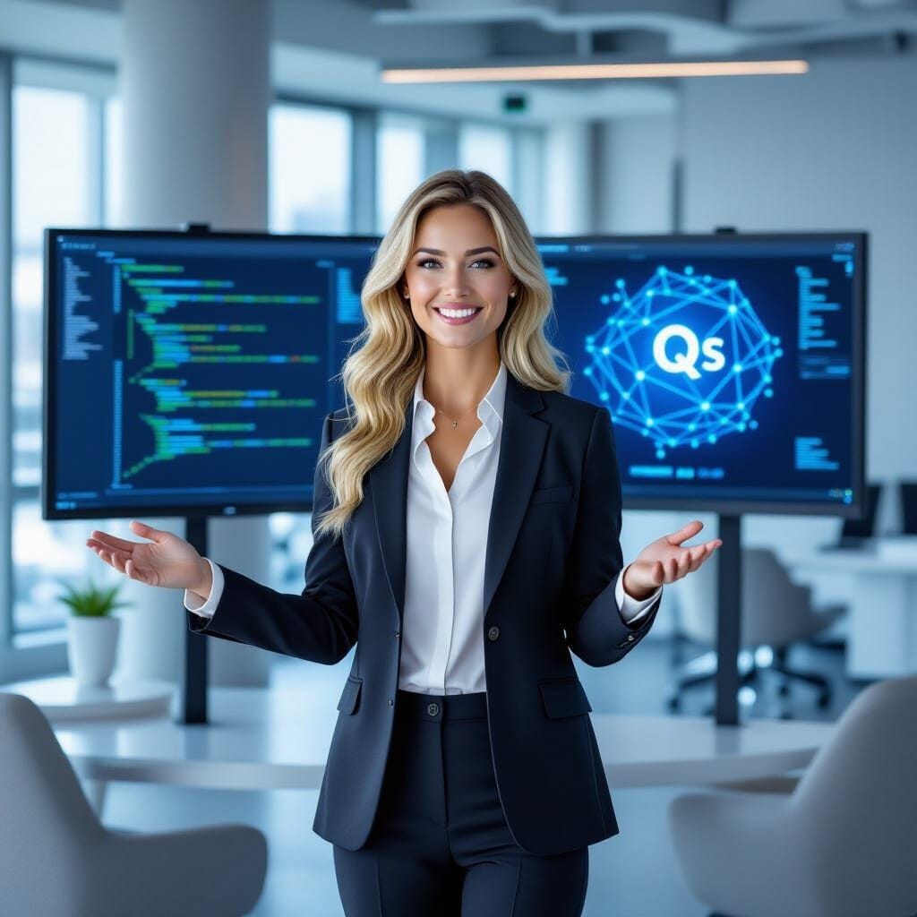 "Blonde Software engineer presenting Q# code architecture on large displays with Azure Quantum interface, professional d...