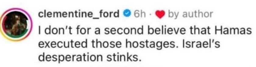 Avi Yemini on X: "Clementine Ford doesn't believe Hamas when they say they  executed hostages because it doesn't suit her Jew-hating narrative Let that  sink in https://t.co/6y9QlBU8wa" / X