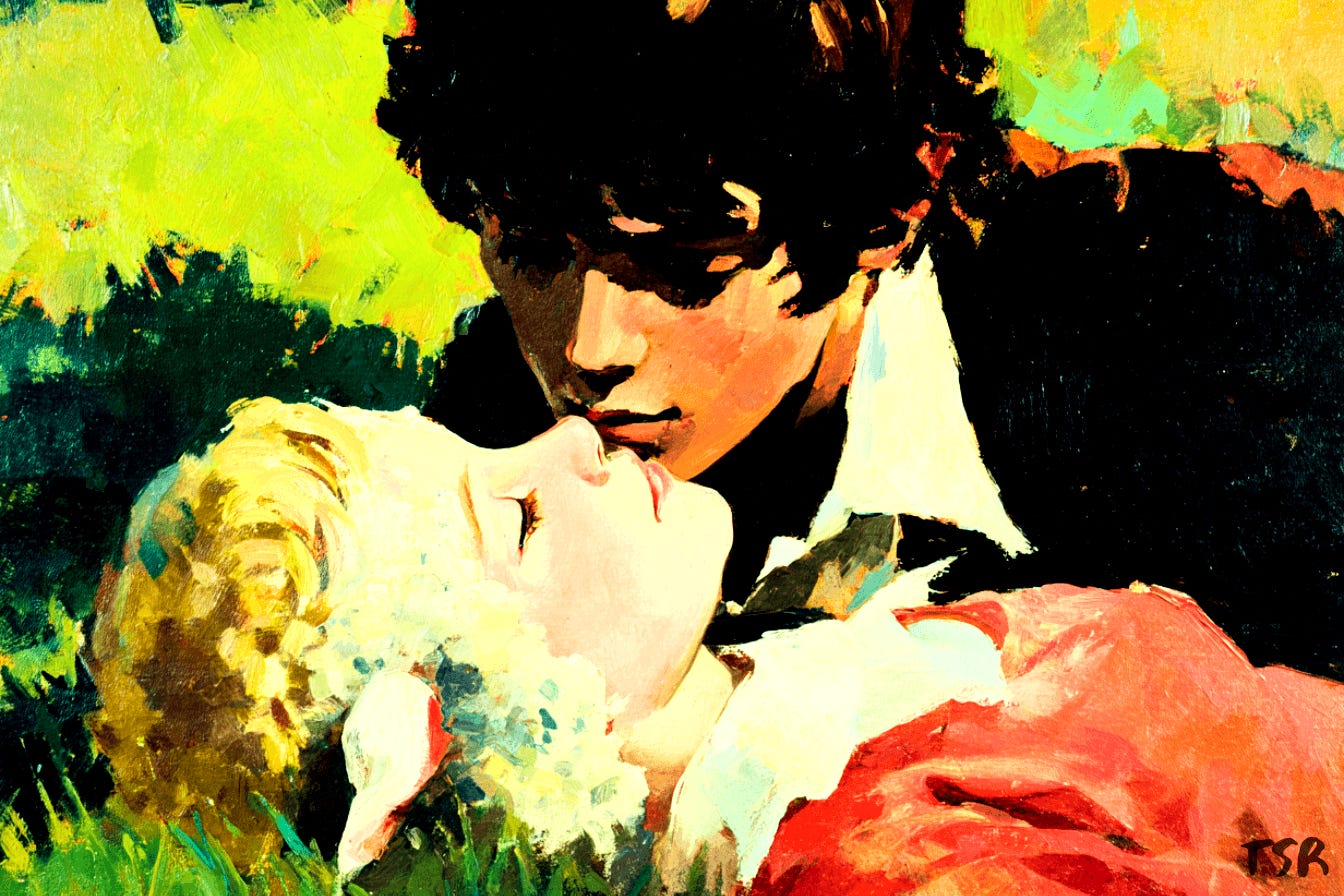 A close-up of two boys lying in a field. The younger, blonde boy has lamb-like ears and closed eyes; the older, dark-haired boy leans in closely, as if about to kiss him. A close-up of two boys lying in a field. The younger, blonde boy has lamb-like ears and closed eyes; the older, dark-haired boy leans in closely, as if about to kiss him.