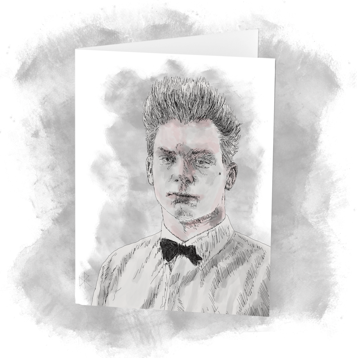 A young man looking spooky, wearing a bowtie and looking directly at the viewer. Sketch art by Don Rice. A young man looking spooky, wearing a bowtie and looking directly at the viewer. Sketch art by Don Rice.