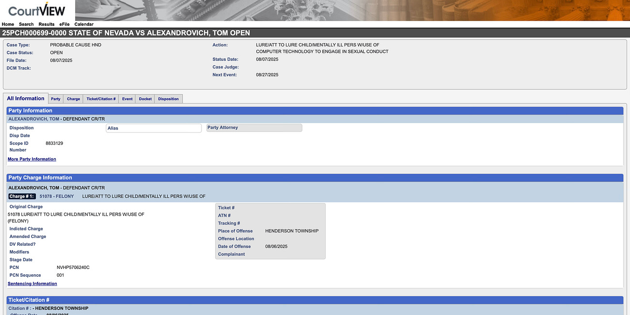 🚨 Israel Said Their AI Chief Was Never Arrested for Sex Crimes Against Children. Here Are the Official Charging Documents of the State of Nevada vs Tom Alexandrovich. Case # 25PCH000699