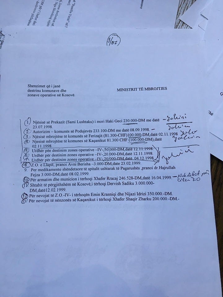 Majtas e para, një vërtetim i lëshuar më 1 dhjetor 1998 nga Ministria e Ekonomisë dhe Financave, që vërteton dorëzimin e më shumë se 200.000 markave gjermane përmes agjencisë “Rusolia Turist” në Mynih, të destinuara për Skenderaj dhe të pranuara në Prishtinë. Djathtas e dyta, një regjistër financiar i detajuar drejtuar Ministrit të Mbrojtjes, që liston alokime të parasë fizike (cash) për komuna dhe zona operative, përfshirë Prekazin, Podujevën, Ferizajn dhe Kaçanikun, me data, shuma dhe shënime me dorë.