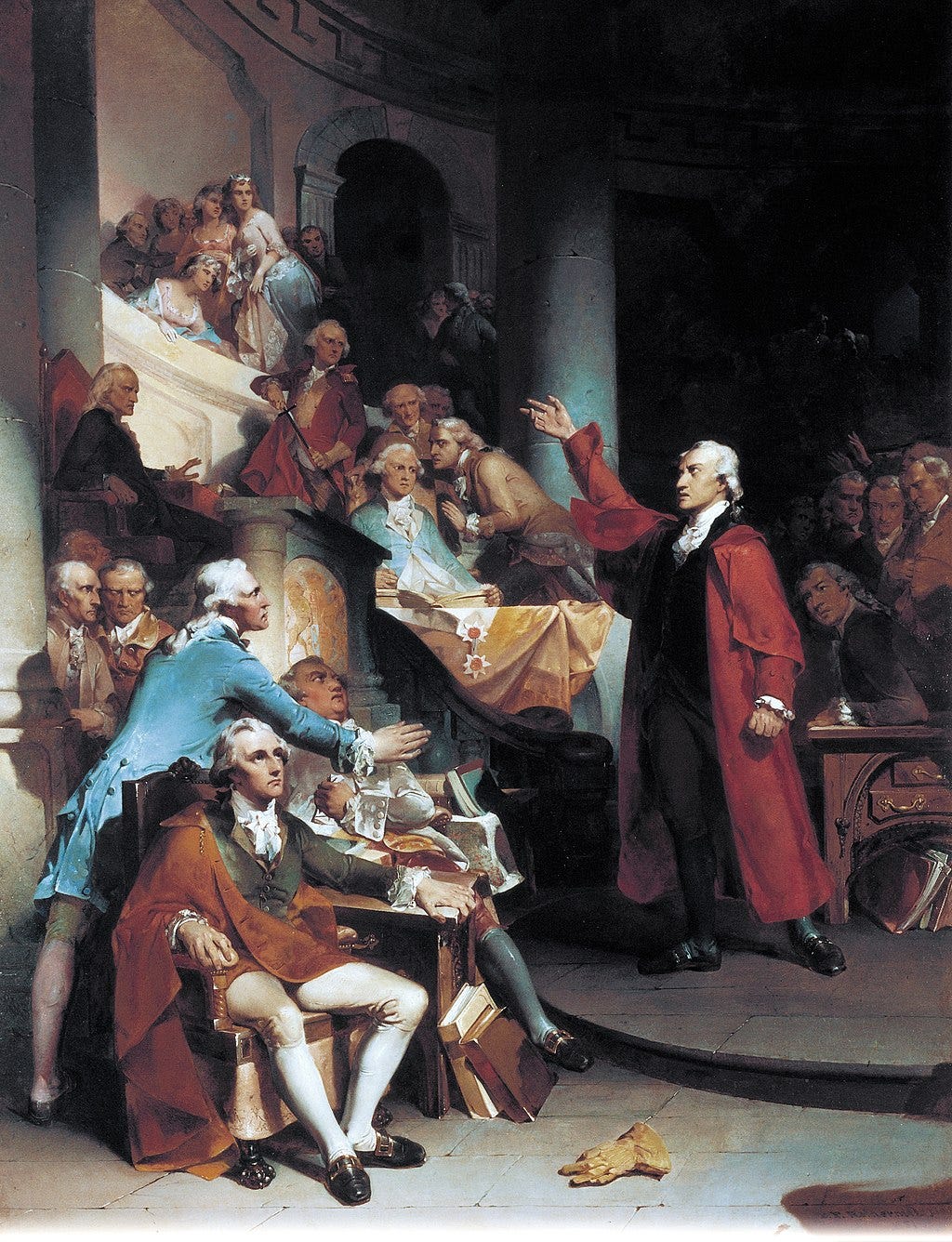 Patrick Henry’s “If this be treason, make the most of it!” speech against the Stamp Act of 1765. Painting by Peter F. Rothermel, 1851.