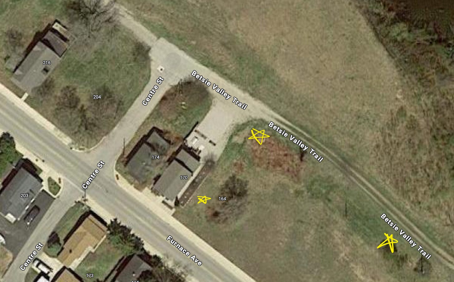 Stars mark knotweed treatment locations near the intersection of Furnace Ave and Centre St Stars mark knotweed treatment locations near the intersection of Furnace Ave and Centre St