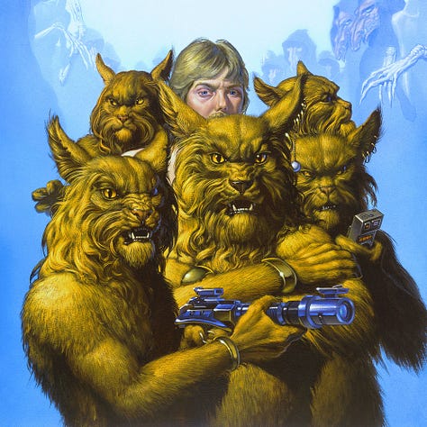 LEFT: Detail from THE PRIDE OF CHANUR featuring a group of aliens with cat heads and tawny fur standing close guard around a human alien who can only be seen from the mustache up. The art has a very 70s vibe from the hairstyle of the man, parted bangs and long on the sides, to the shiny chrome blaster the lead Hani is holding. CENTER: Close detail from THE PRIDE OF CHANUR featuring the haggard face of the human male modeled after the artist. The lids of his blue eyes look heavy and there is a pronounced “bag” under one eye. The faces of the Hani are detailed with long fur on the cheeks and rumpled fur on their snouts. One has a series of rings on its points ear that includes a shiny ball dangling from a chain on one. RIGHT: Background detail from THE PRIDE OF CHANUR featuring aliens arranged in a descending arc from right to left. The first has a bulbous head, round eyes set low and protruding, and its mouth puckered in an O. Long slender hands are crossed in front of it. The rest of the figures are hooded with long dragon-like snouts protruding out. The figures are rendered tonally blue and subtle purple against desaturated blue.