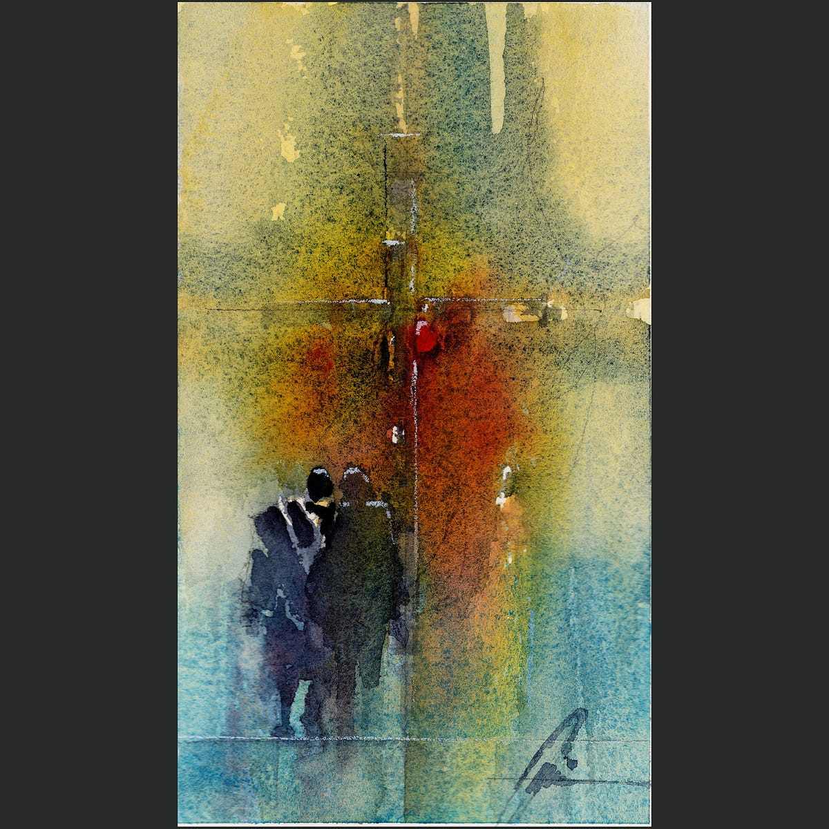 Silence and Light — 13 in x 19 in watercolor pigment on watercolor paper. The two prophets are walking towards the threshold of radiance, their forms dissolving into a field of gold, crimson, and blue. Silence and Light — 13 in x 19 in watercolor pigment on watercolor paper. The two prophets are walking towards the threshold of radiance, their forms dissolving into a field of gold, crimson, and blue.