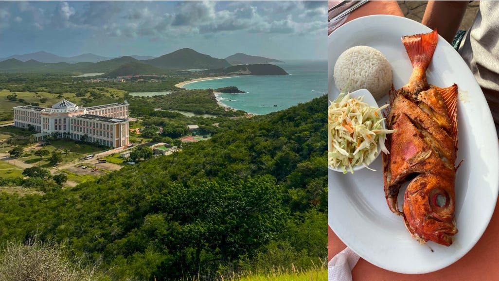 A plate of food with a view of a beach and a building

AI-generated content may be incorrect.