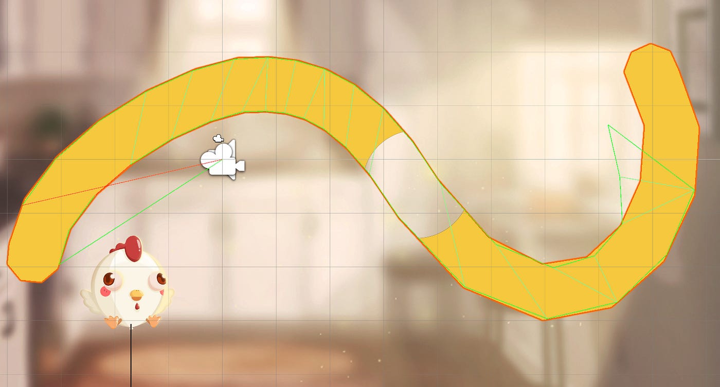 Curva da margarina com detalhe do colisor construído pelo PolygonCollider2D, mas com algumas posições erradas.