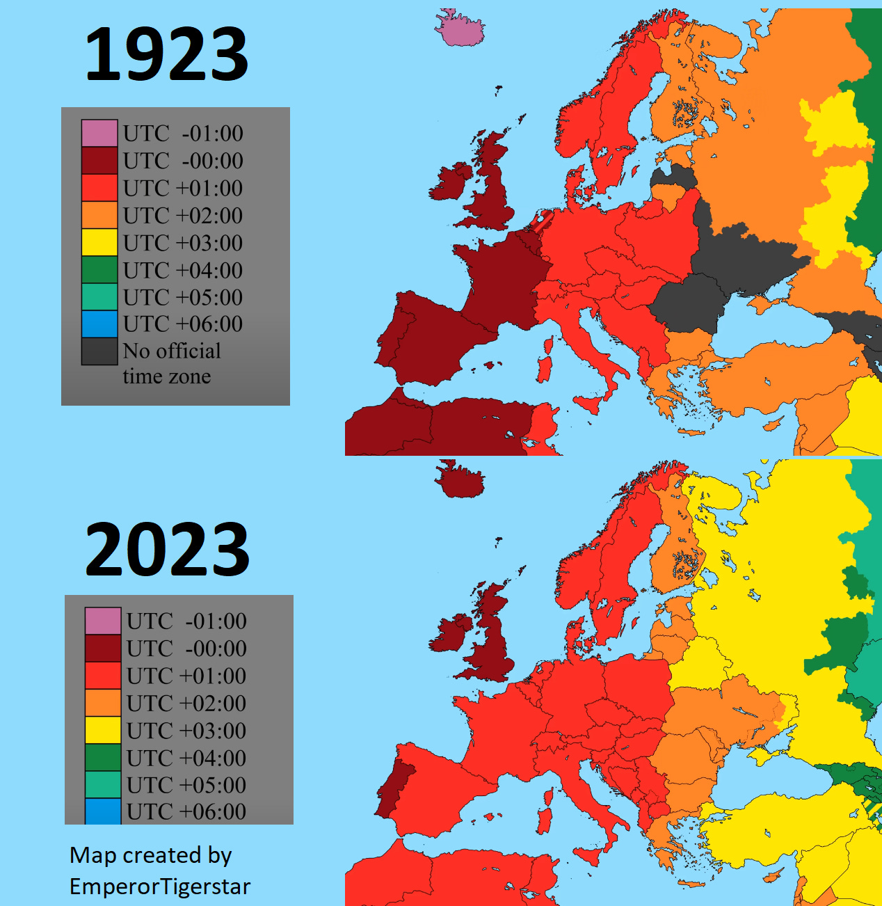 r/MapPorn - Time zones in Europe 100 years ago and now